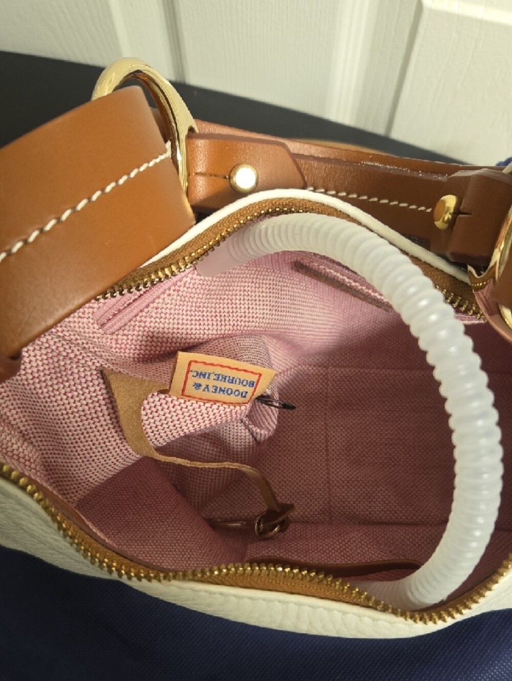 Dooney & Bourke White Pebbled Leather Shoulder Bag with Tan Trim and Strap - Picture 6 of 8